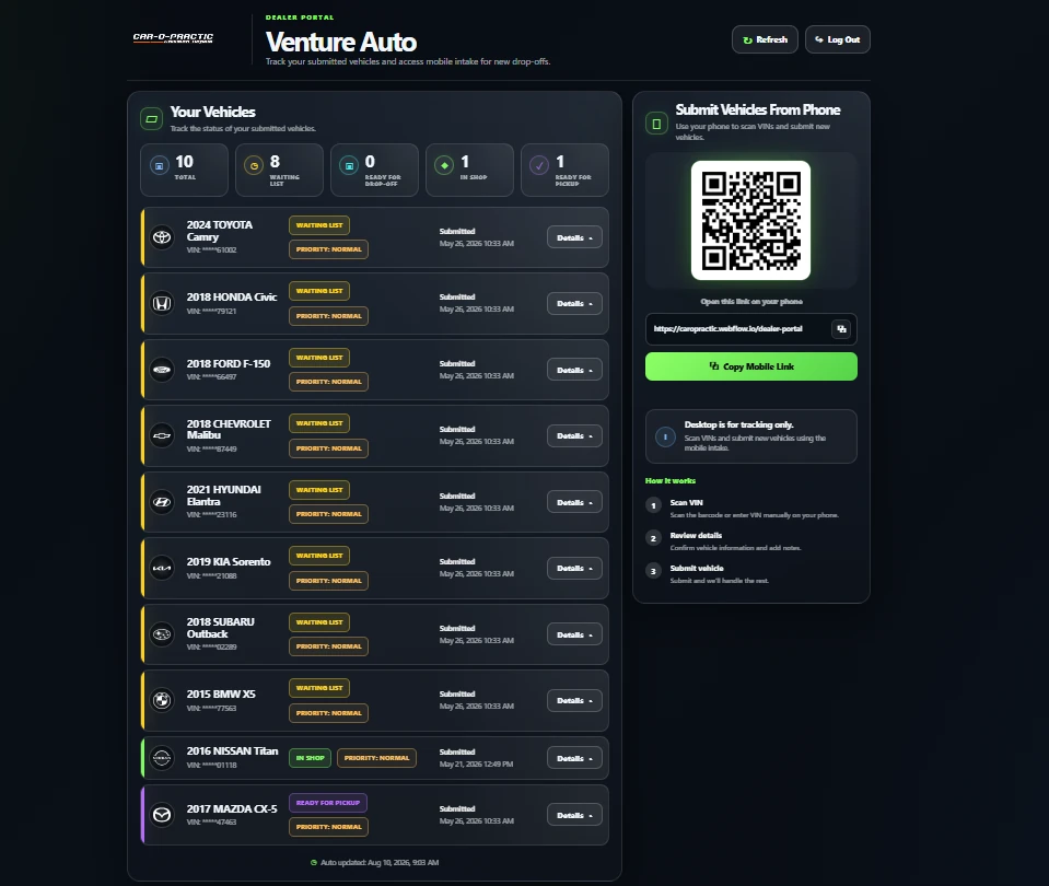 Actual CollisionOps dealer portal with vehicle submission and progress stages